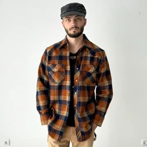 Vintage 70s Men's JC Penney Acrylic Work Brown Plaid Button Shirt Flannel Size M - Picture 1 of 5