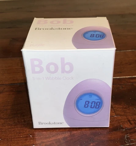 Brookstone 5-in-1 WOBBLE CLOCK "BOB" - RARE Color Pastel Purple - NEW IN BOX Cover