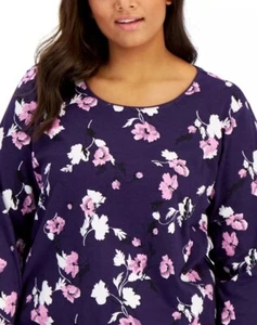2X Womens Floral Multicolor Printed Scoop-Neck Long Sleeve Karen Scott Purple - Picture 1 of 8