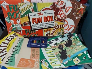 Vintage 1960er Whitman Fun Box Spielzeug - gebraucht - 6 Aktivitätsbücher 1 Puzzle, 15 Buntstifte - Bild 1 von 24