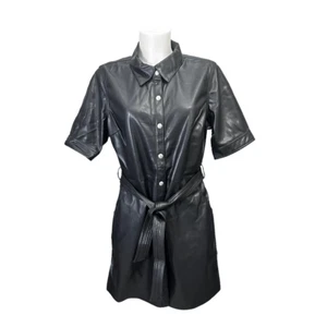 BLANK NYC Womens Mini Shirt Dress Button Down PU Vegan Leather in black sz L NEW - Picture 1 of 11