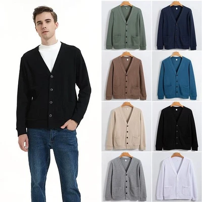 Men V Neck Cardigan Front Button Casual Sweater Long Sleeve Pocket S to 3XL Size - Image 1 of 4
