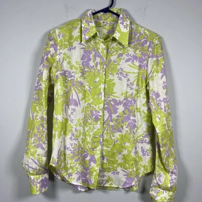 Camisa Top Para Mujer LORO PIANA 42 100% Lino Púrpura Verde Blanco Floral Abotonada Foto 1 de 4