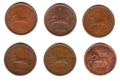 1950-55 1 PICE REPUBLICE INDIA 6 BRONZE COINS LOT - WT. 2.92 GRAMS EACH, - Image 1 of 2