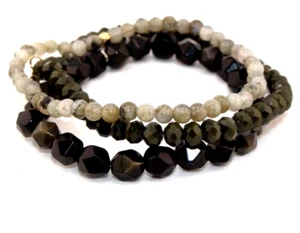 Layering Bracelets Beaded Set Of 3 Black Grey Gold Tone Accents - Picture 1 of 7