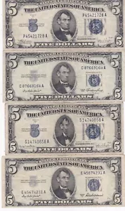KAPPYSCOINS W1223 FOUR OLD $5.00 SILVER CERTIFICATES LOT CIRC - Picture 1 of 2