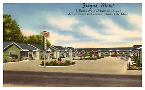 GREAT FALLS, MONTANA - FERGUS MOTEL AM STRASSENRAND - ALTE LEINEN-POSTKARTE - Bild 1 von 2