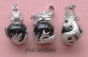 1 x Black Agate Gemstone & Tibetan Silver Dragon 35mm Charm Pendant