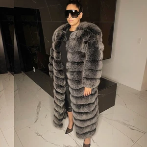 Women Frost Color Real Fox Fur Long Coat Removable Sleeves Hem Jacket Outwear - Picture 1 of 5
