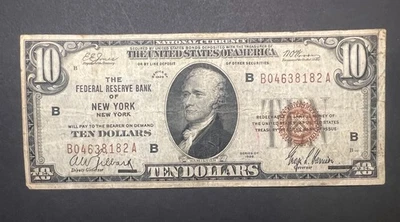 1929 $10 Federal Reserve Brown Seal Bank Note – New York Type 2 – Hamilton - Image 1 of 2