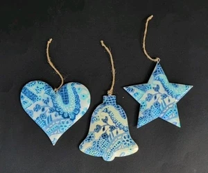 3 Ballard Designs Holiday Ornaments Blue White Bell Heart Star Christmas - Picture 1 of 7
