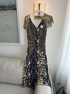 ROBERTO CAVALLI VINTAGE! Blue/Ivory Floral V-Neck Stretch Jersey Sheath Dress 40 - Picture 1 of 3