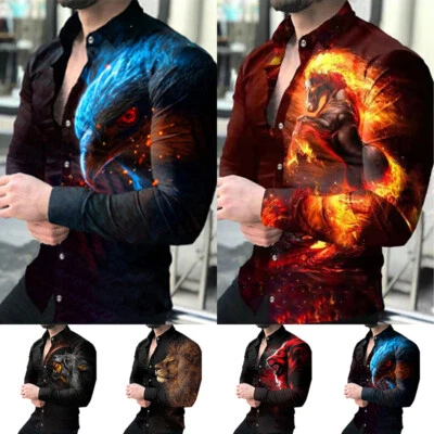 Men's Animal Print Long-sleeved Shirt Turn-down Collar Tee Tops Casual Clothes, - Image 1 of 4