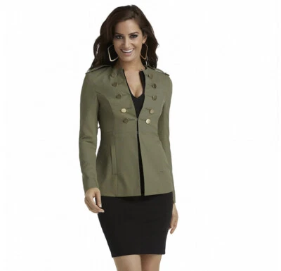 NUEVO CON ETIQUETAS Colección Kardashian Chaqueta Militar Ajustada Blazer Ejército Verde Oliva Dorado S Foto 1 de 4
