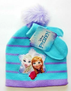 Disney Frozen Anna Elsa Knit Winter Beanie Hat & Mittens Set w/ Pom-Pom Toddler - Picture 1 of 1