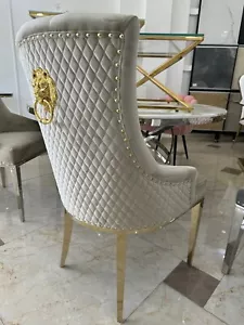 Chesterfield Chaise Baroque Velours Beige Or Inox de Salle à Manger Rembourrée - Bild 1 von 8