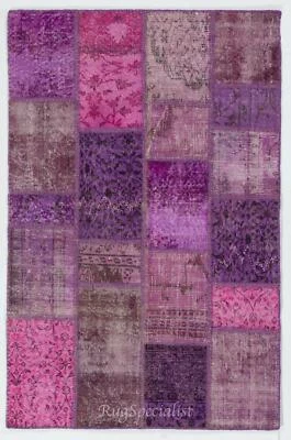 Fuchsia Color Handmade Patchwork Rug Made from Over-Dyed Vintage Carpets - Image 1 of 4