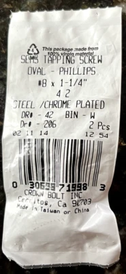LOTE 7 #8X1-1/4" SEMS TORNILLOS ROSCANTES OVALADOS-PHILLIPS ACERO/CROMADO 2 POR PAQUETE Foto 1 de 3
