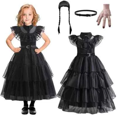2025 Halloween Girl BLACK DRESS Wednesday Party Costume Fancy Dress 110-160 - Image 1 of 4