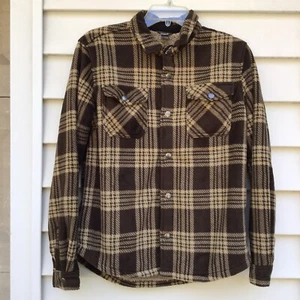 Eddie Bauer Fleece Shirt Jacket Boy 14 16 Brown Yellow Plaid Shacket Sherpa - Picture 1 of 16
