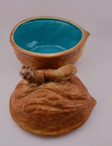 Vintage Japan Keramik Eichhörnchen Walnuss Süßigkeiten Nuss bedeckt Schale Schüssel Aqua Interieur - Bild 1 von 8