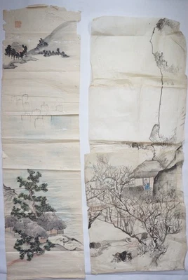 Japanese ink drawing or woodblock print vintage picture set from Japan 0831D22 - image 1 of 4