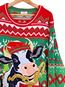 Holiday Time Men's XXL Green/Red Cow Ugly Christmas Sweater w/Pocket - Picture 1 of 5