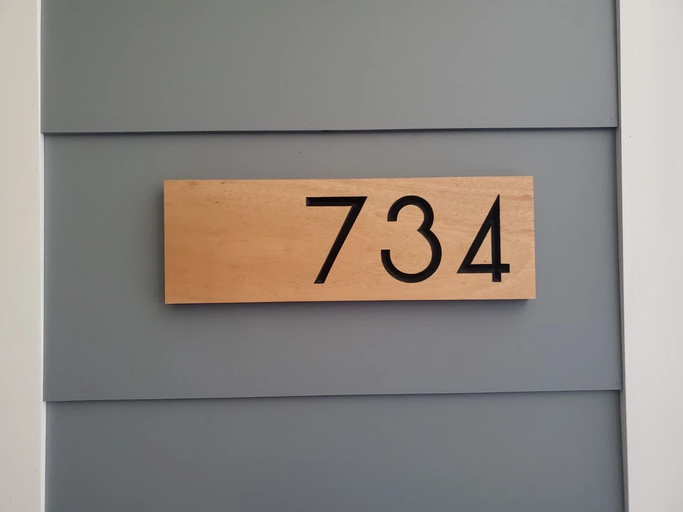 Custom House Address Sign Number Plaque Modern Off Center Outdoor Wood Home - Image 1 of 4