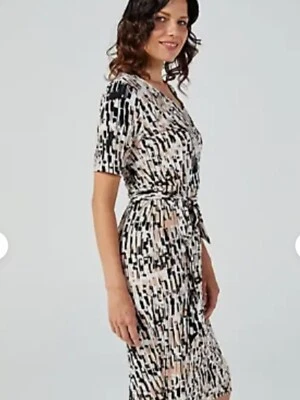 Vestido Ruth Langford Imitación Envolvente Cuello en V Talla 10, TAUPE Negro Multi NUEVO Foto 1 de 4