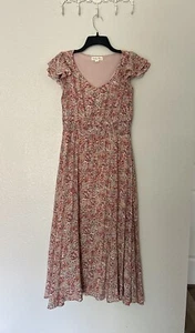 Indigo Rose Blumenmuster Kleid Größe S A Line Flattern Ärmel Gold Akzent gefüttert - Bild 1 von 6