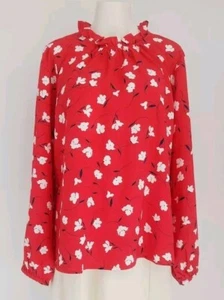 J Crew Women's XL Red Long Sleeve Ruffle Neck Top Poppy Flower Blouse High Neck - Picture 1 of 14