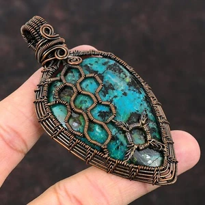 Chrysocolla Jewelry Copper Mom Gift Wire Wrapped Honeycomb Pendant 3.43" - Picture 1 of 6