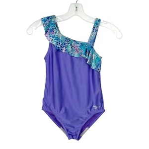 Speedo Swim Suit Youth Large Purple Blue Asymmetric Ruffle One Piece Active Kids - Picture 1 of 13