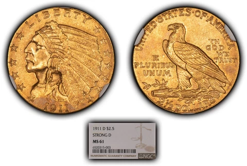 1911-D G$2.50 Indian Head Gold Quarter Eagle - Strong D - NGC MS 61 - SKU-G2176 Cover