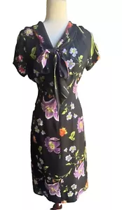 Y2k Dress Fairy Vtg 100% Silk Midi Retro Pussybow Flowey Floral Black 6 Medium - Picture 1 of 5