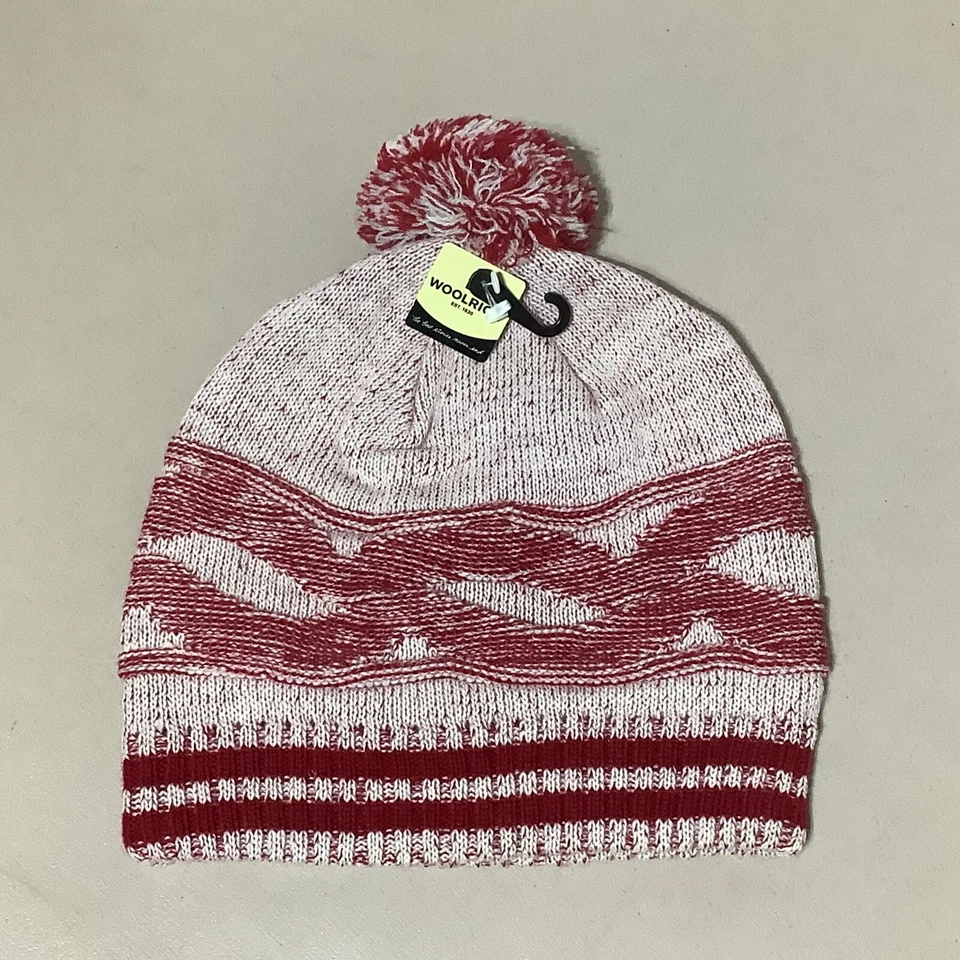Gorro Woolrich Nuevo con Etiquetas Lana Acrílico Invierno Sombrero Pom-Pom Top Rojo y Blanco Fair Isle Foto 1 de 4