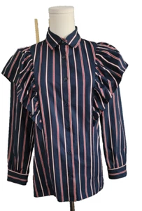 Pixie Market Button-Down Popeline Statement Hemd Streifen Rüschen Schulter Small - Bild 1 von 6