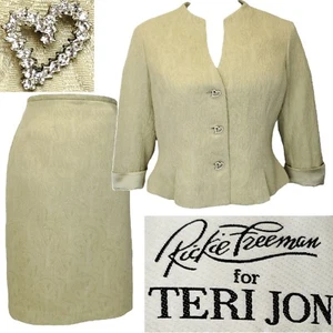 Rickie Freeman Teri Jon Skirt Suit Medium Silk Wool Floral Vintage Pastel Green - Picture 1 of 11