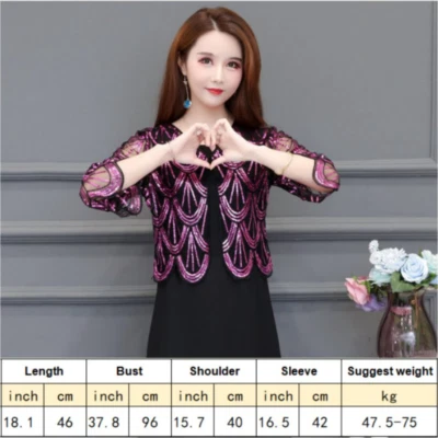 Donna Lustrini Corto Cardigan Rete Brillantini Giacca Bolero 3/4 Maniche Maglia - Immagine 1 di 4