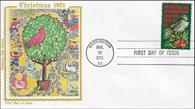 Christmas Tree With Birds Unaddressed USA DC Colorano 1445 Silk FDC 1971 - Image 1 of 2