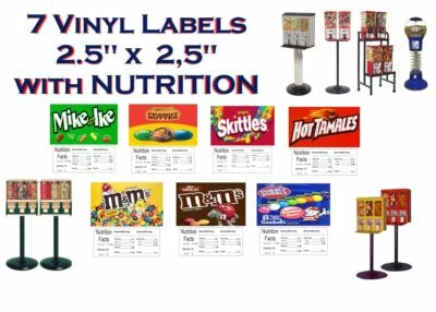 7 Product CANDY VENDING MACHINE  STICKERS LABELS  NUTRITION QUICK & FREE Ship - Image 1 of 2