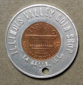 La Salle, Ill., Illinois Valley Coin Shop. Encased 1963D 1c, 35mm, hfs, au+ - Picture 1 of 2
