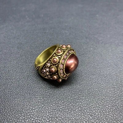 Heidi Daus Signed Pink Faux Pearl & Pink Crystal Statement Cocktail Ring Size 6 - Image 1 of 4