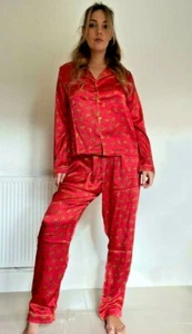 BOOHOO LADIES RED SATIN XMAS GINGERBREAD MAN PJ PYJAMAS 8-10-12 NEW - Picture 1 of 3