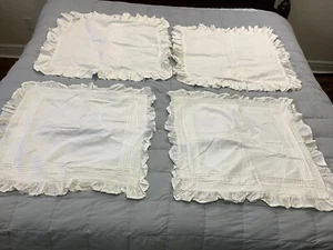 4 VINTAGE "PAPER WHITE" HAND EMBROIDERED & Pine Cone Hill Ruffled Euro Shams - Picture 1 of 20