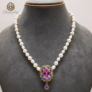 Genuine Natural Sea Pearl 7mm Necklace Hallmark 14ct Gold Filled Fancy Crystals - Picture 1 of 23