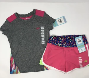 NWT Girls 4 Skechers Active Tshirt Shorts Outfit Pink Gray Rainbow Splatter K5 - Picture 1 of 5