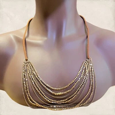 Brown Leather Multi Strand Necklace w/ Gold Tone Beads, Vintage Boho - Image 1 of 4