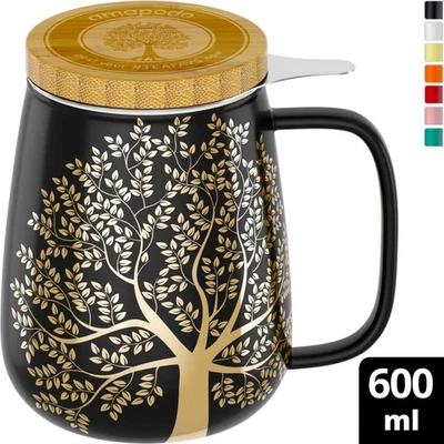 amapodo Teetasse mit Deckel und Sieb 600ml Porzellan Tasse groß Dunkelgrau - Bild 1 von 4