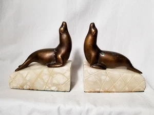 Sea Lion Book Ends Carved Onyx Agate Marble Natural Stone Block w Brass Tn Metal - Picture 1 of 13